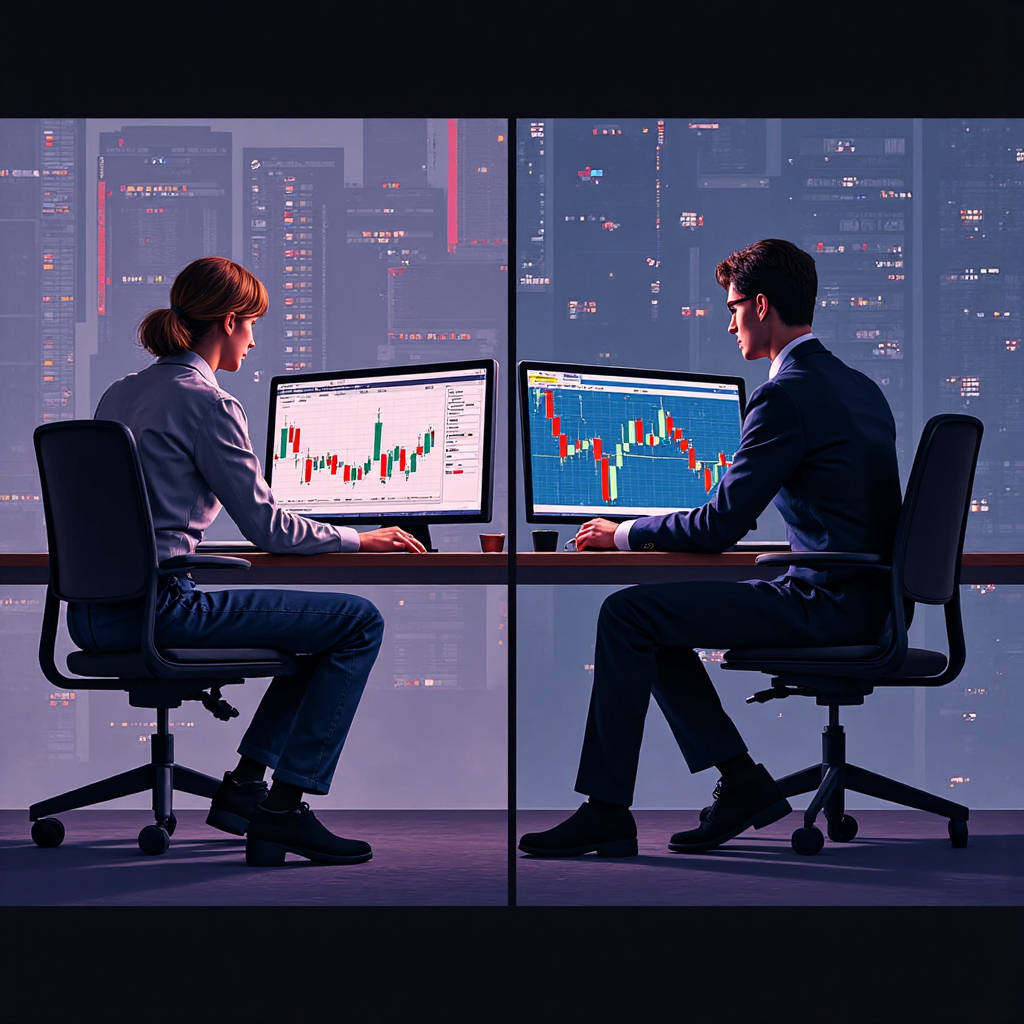 分屏顯示交易者主動決策與系統自動執行強制平倉的對比，一側平靜一側混亂，呈現數位藝術風格