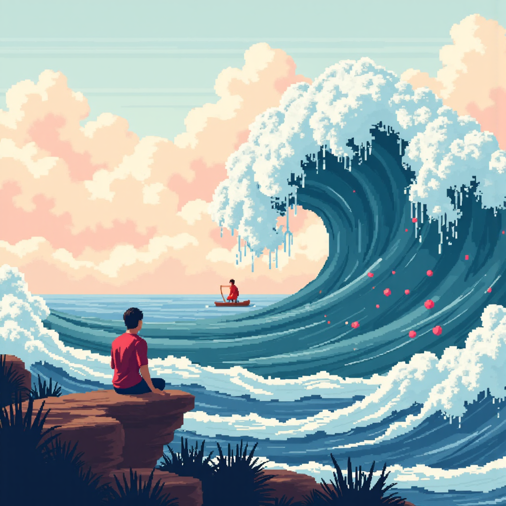 像素藝術風格的交易者平靜觀察大型趨勢波浪攜帶小船向地平線，寧靜鼓舞氛圍