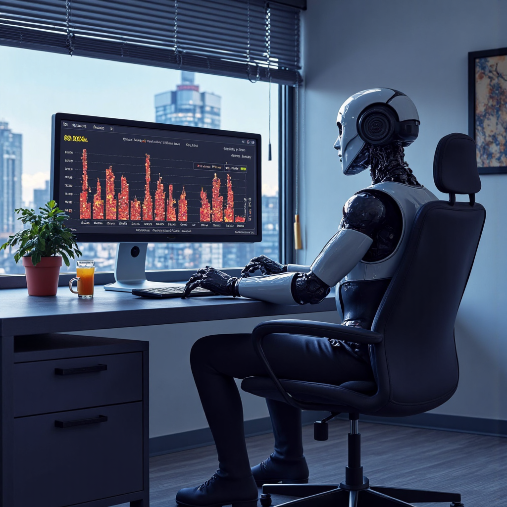 像素藝術風格的機器人顧問分析發光財務圖表與數據流