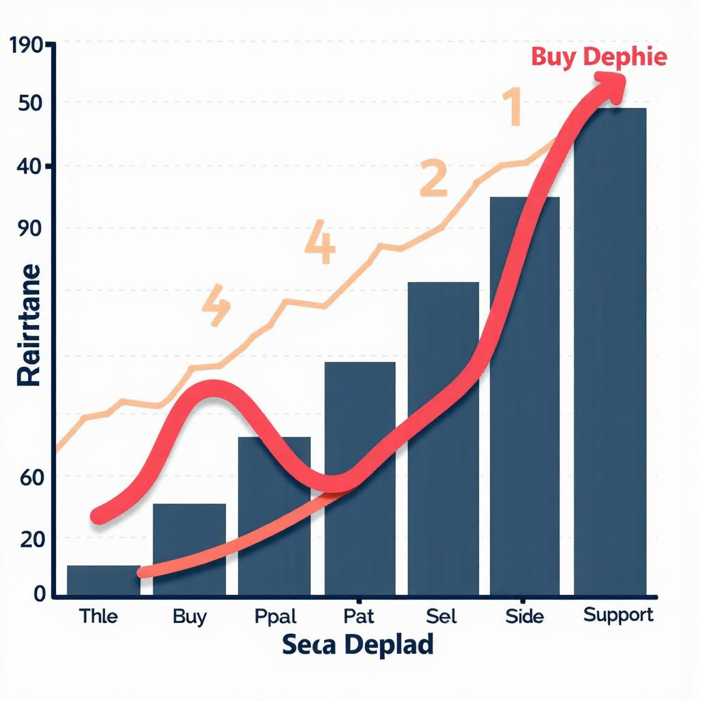 現代深度圖視覺化，展示市場供需動態，使用對比顏色表示買賣方，暗示支撐與壓力位
