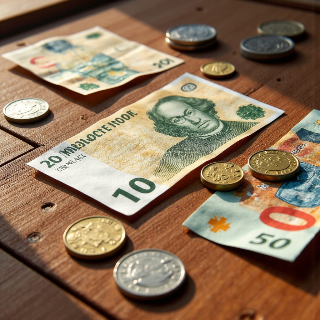 各種瑞士法郎紙鈔和硬幣在紋理木質表面上的藝術性排列，柔和光線營造細膩氛圍