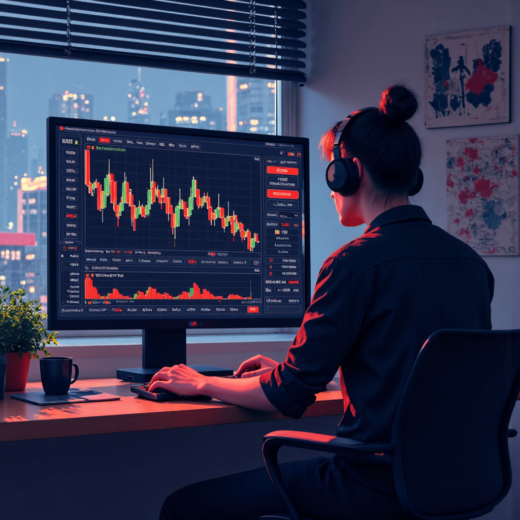 金融交易者關閉交易部位，數位介面顯示發光圖表與資料流，呈現獲利與損失情境的輕盈數位藝術