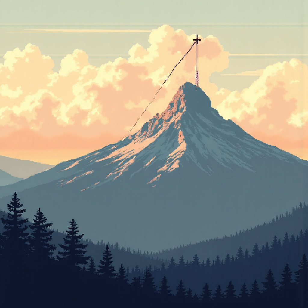 寧靜山景與上升趨勢線的像素藝術插圖,象徵趨勢強度的視覺化