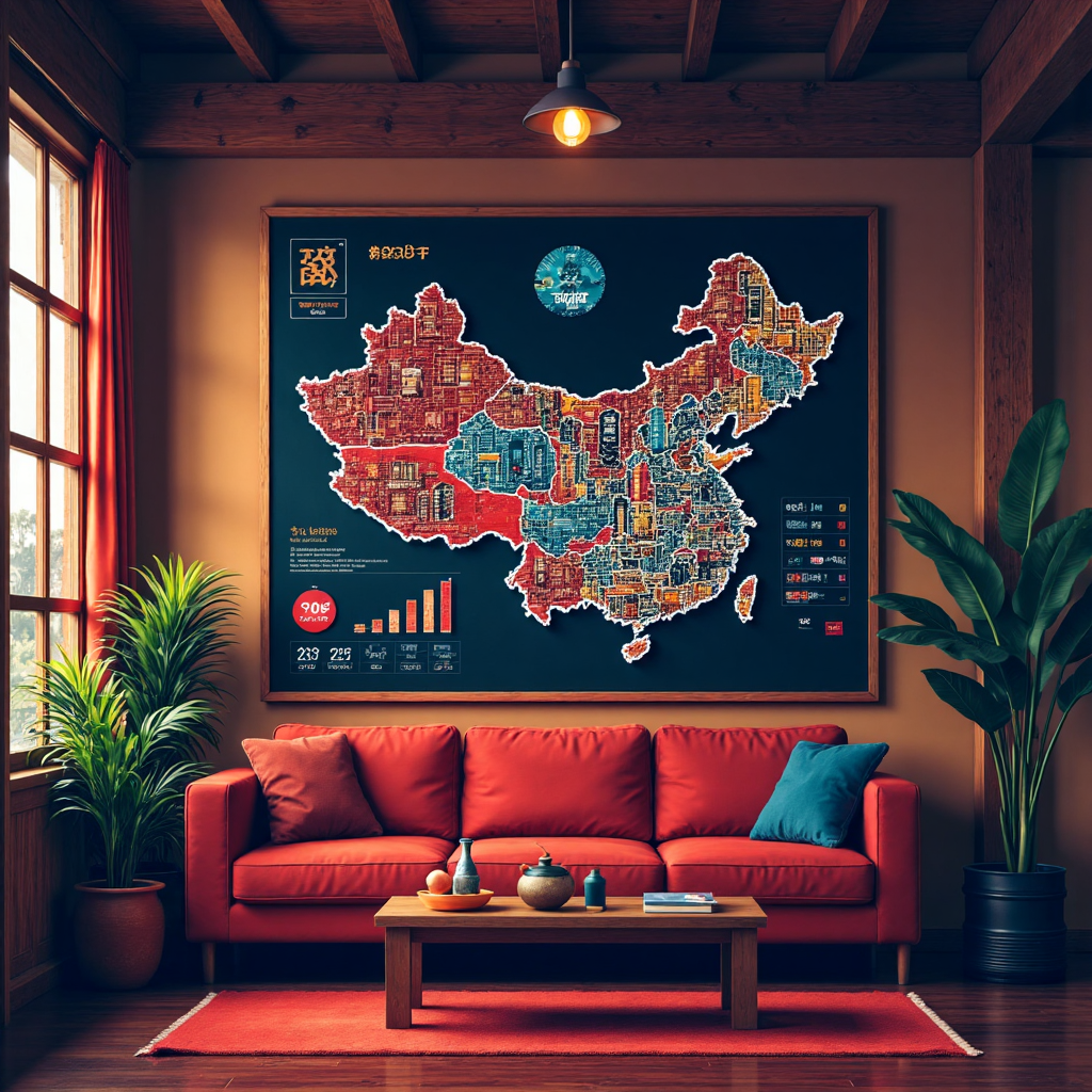 中概股與中國地圖的像素藝術插圖,融入數位圖表和全球交易所符號,展現經濟成長氛圍