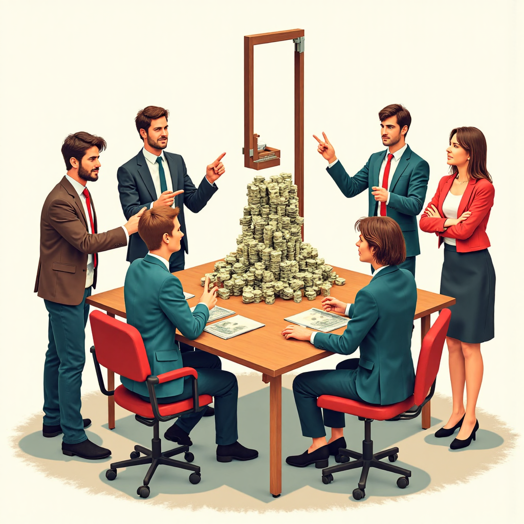 一群人圍繞巨型槓桿,象徵財務槓桿操控大量貨幣的放大效應