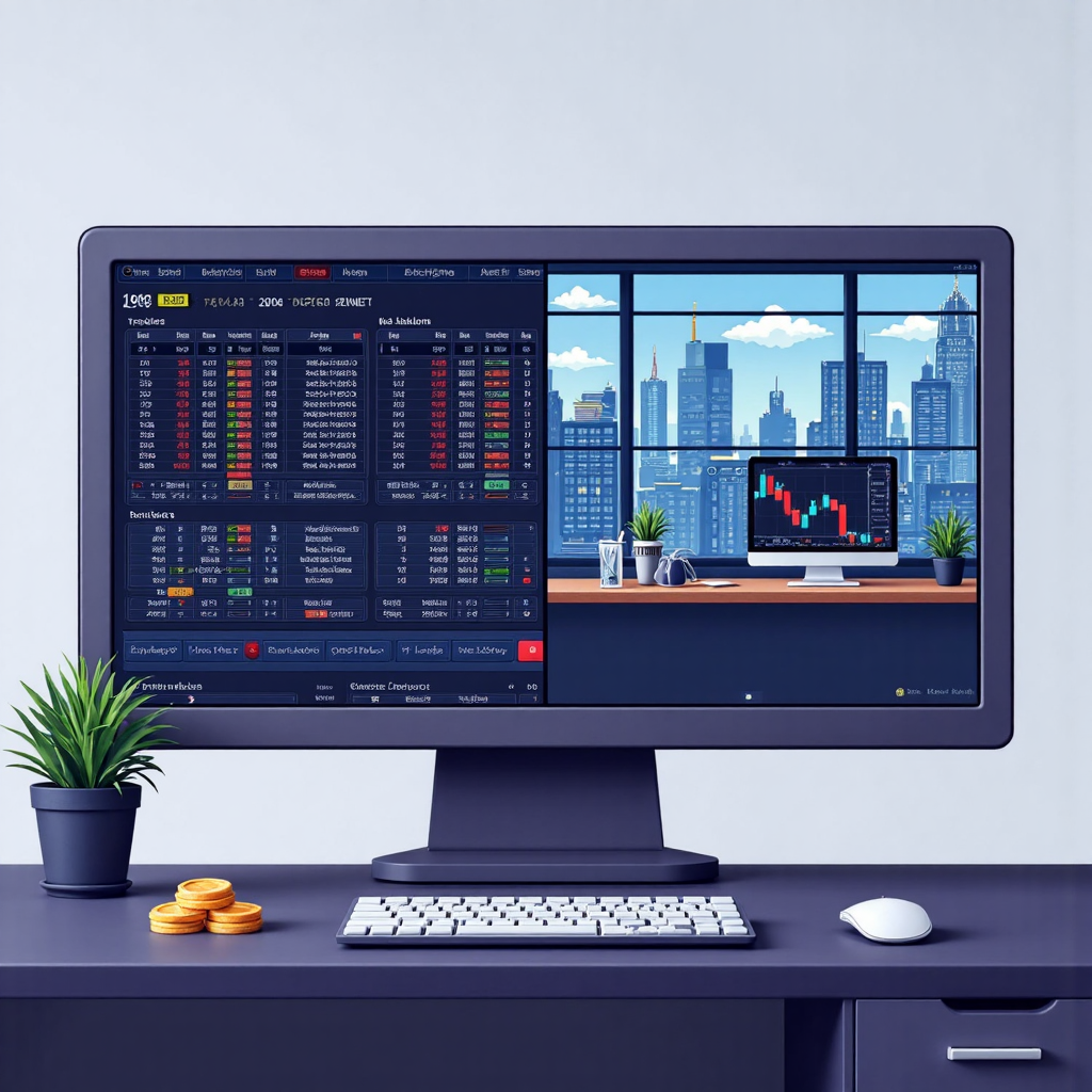 股票交易大廳與個人辦公桌對比展示換匯套利圖表的像素藝術插圖