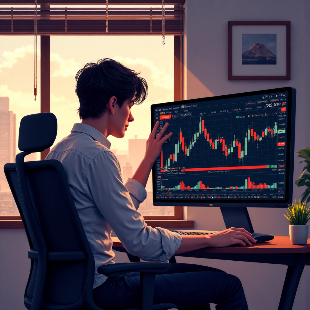 交易者細心調整數位圖表上蠟燭圖和振盪指標的像素藝術插圖