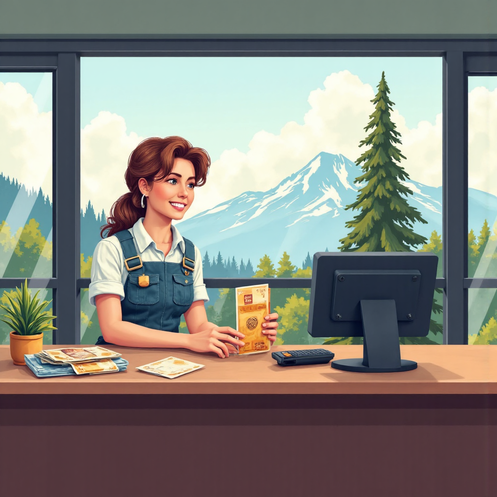 一位歡樂的旅客在現代貨幣兌換櫃檯兌換瑞士法郎，背景是柔和自然光線下的山景