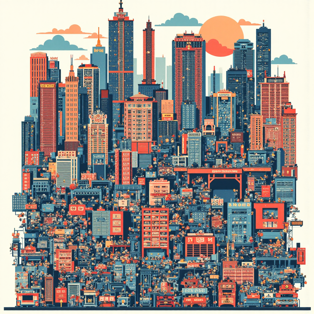 中概股投資風險的抽象像素藝術表示,包括監管變化和地緣政治緊張的圖像