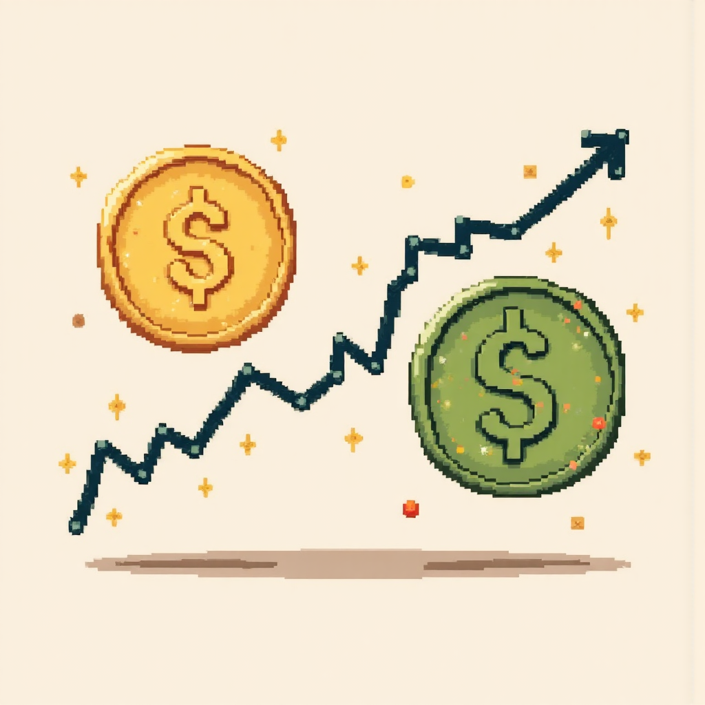 台灣幣與美元幣互動的波動匯率圖線,象徵貨幣匯率不穩定,像素藝術風格