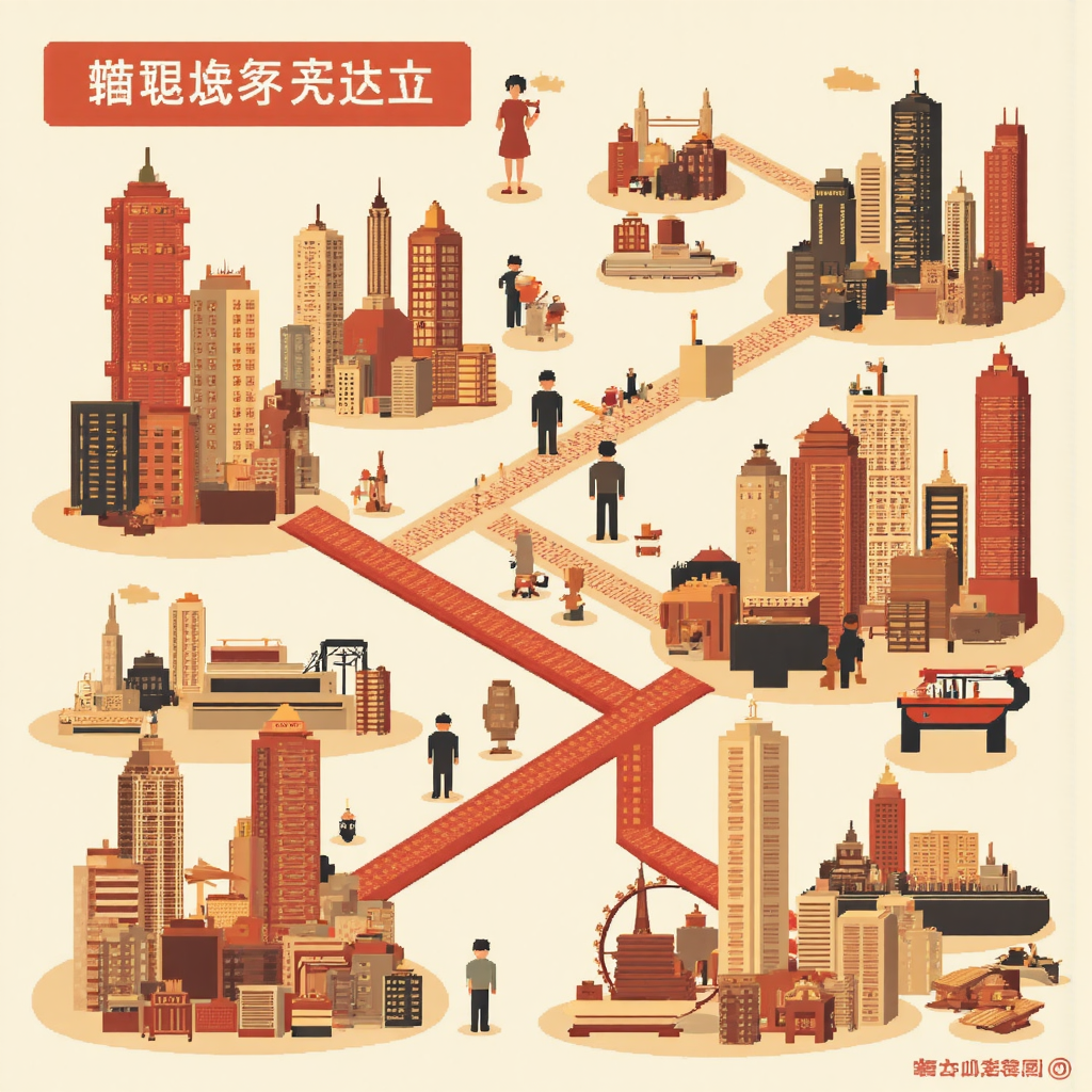 台灣資本流向香港和美國股市的像素藝術視覺隱喻,強調資產分散與機會