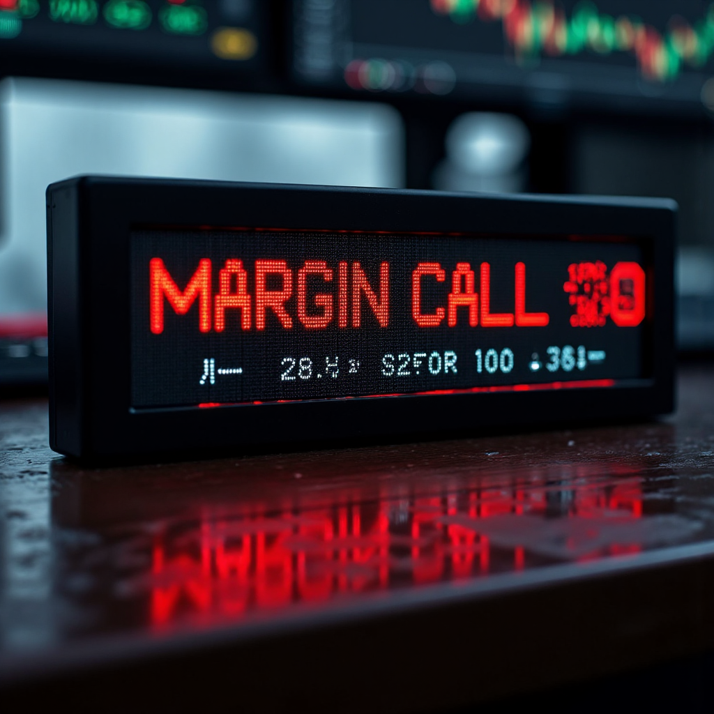 交易終端特寫顯示保證金追繳警告，紅色警燈閃爍，象徵強制平倉前關鍵時刻，戲劇性燈光強調緊急與潛在損失