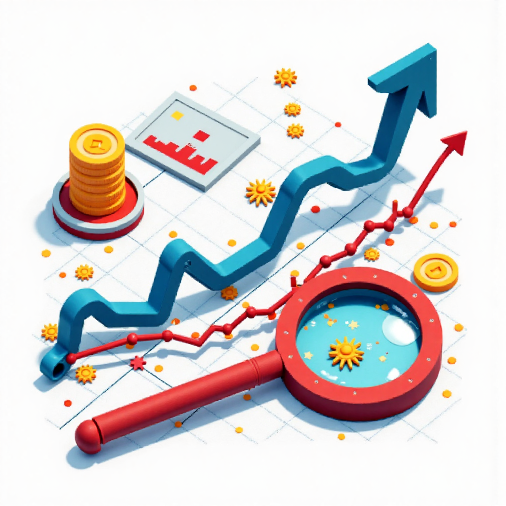 像素藝術風格的指南針與放大鏡疊加動態股票圖表，顯示清晰上升趨勢線強調發現與精準