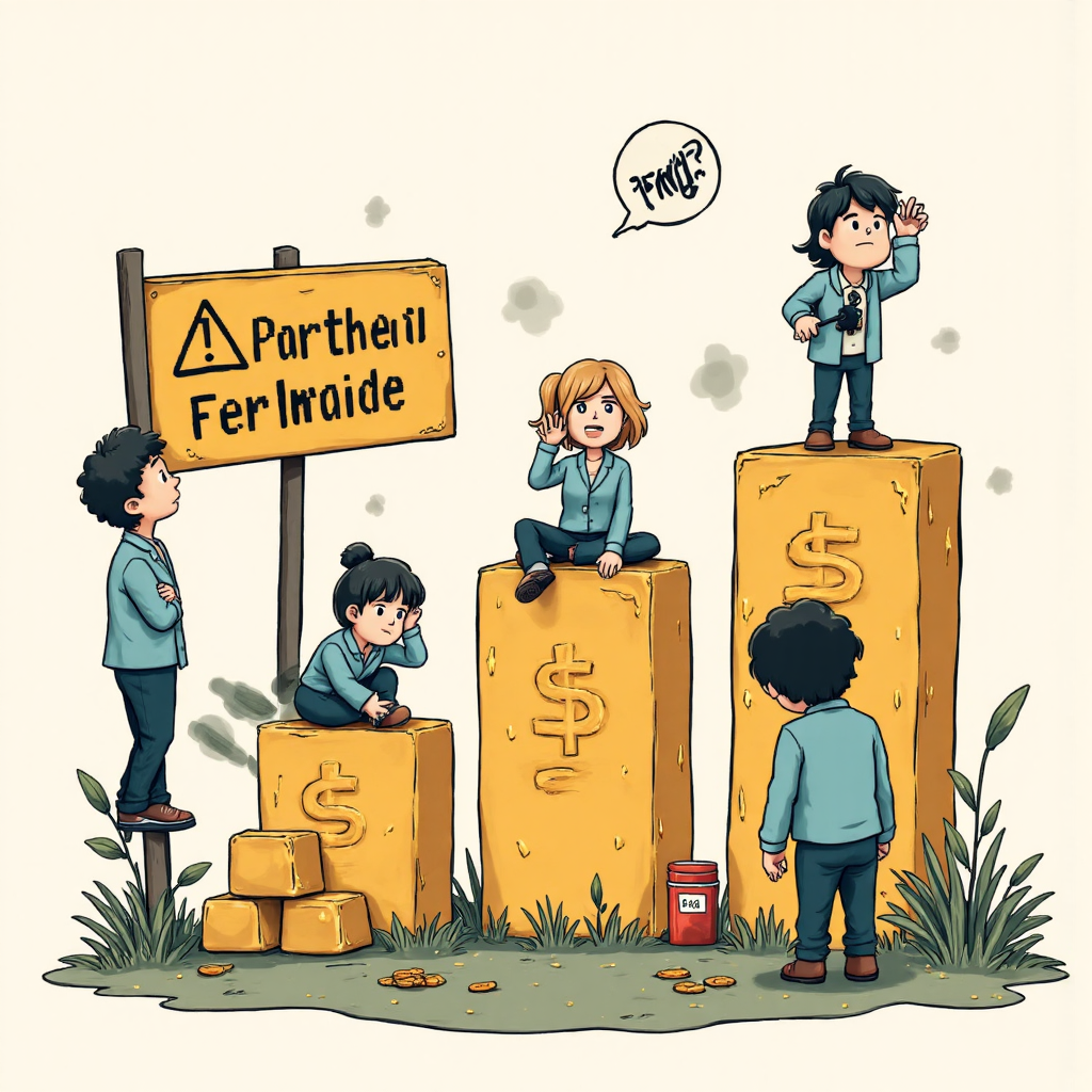 卡通風格人物與交易符號互動插圖,展示貨幣對與黃金交易的多樣性與風險警示