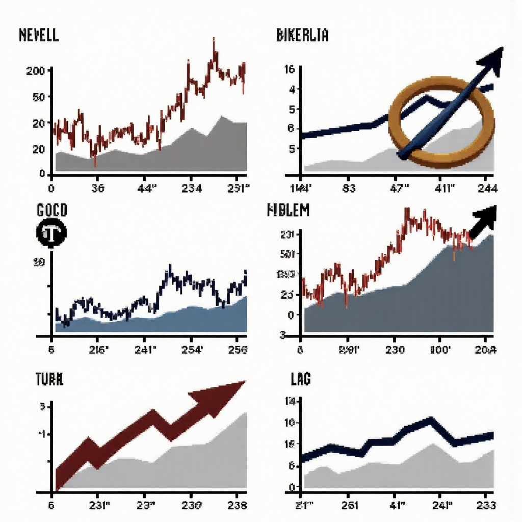 各種金融圖表顯示上漲下跌與平盤趨勢,伴隨方向指南針的像素藝術插圖