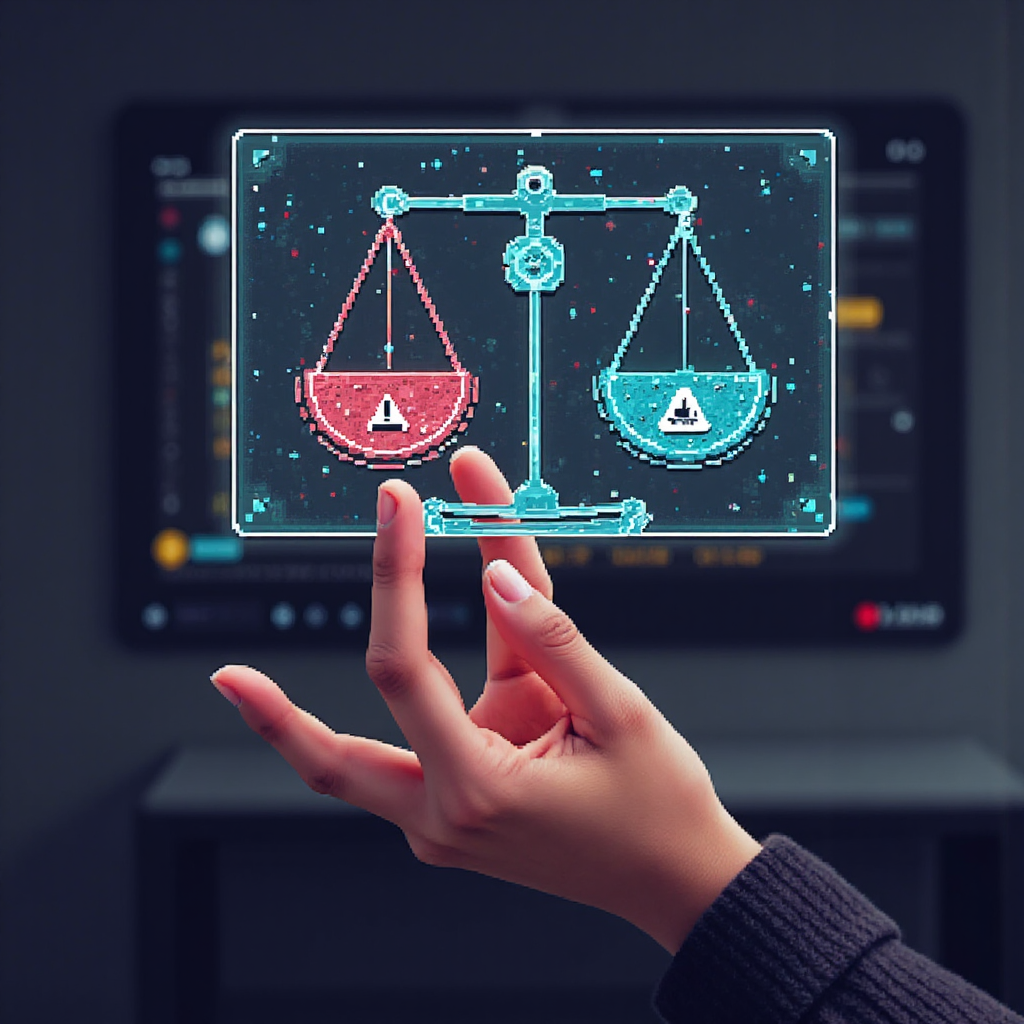 像素藝術風格的人手與全息交易介面互動，平衡機會與風險圖示