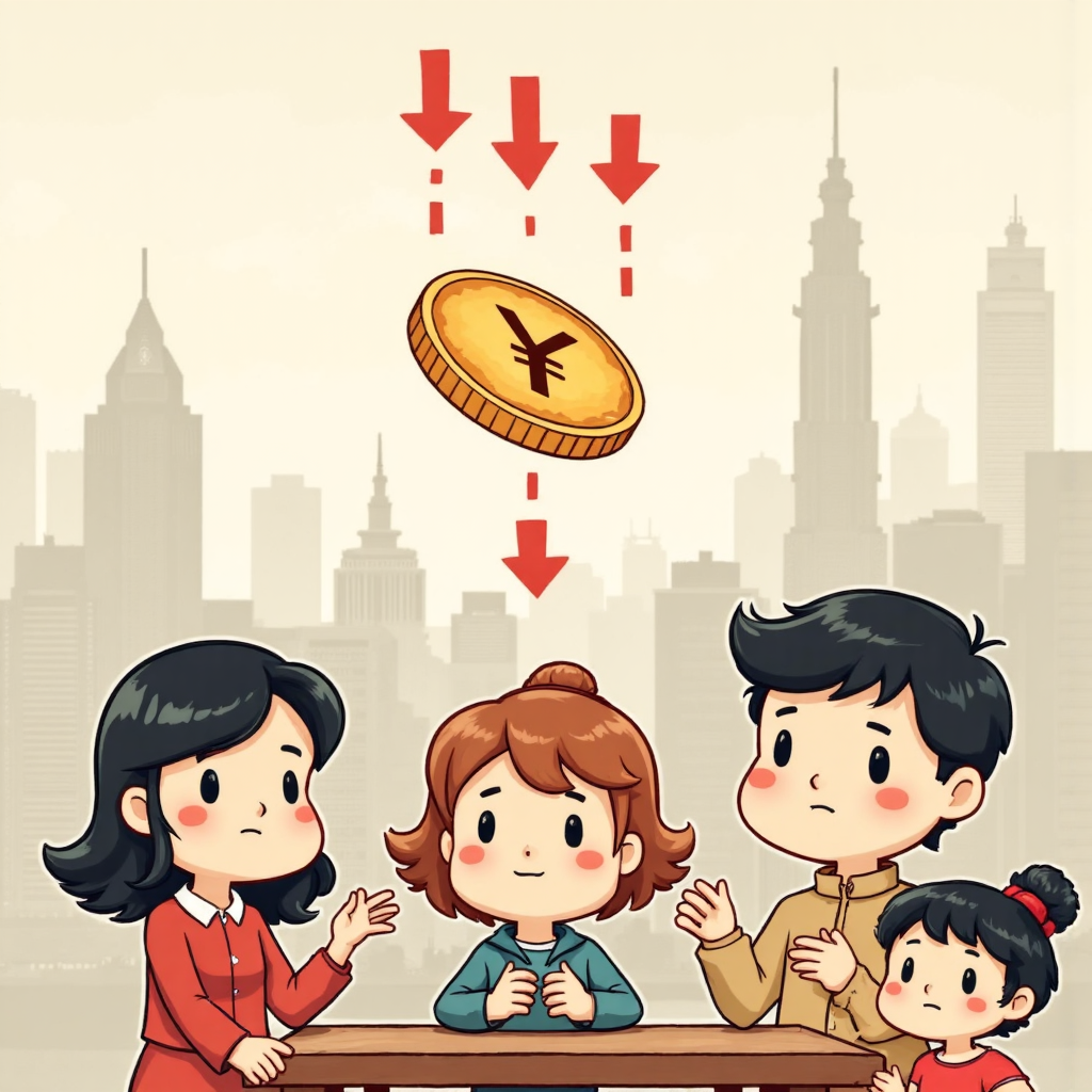 日圓貶值像素藝術插圖,台灣家庭好奇觀察日本地標與下行箭頭