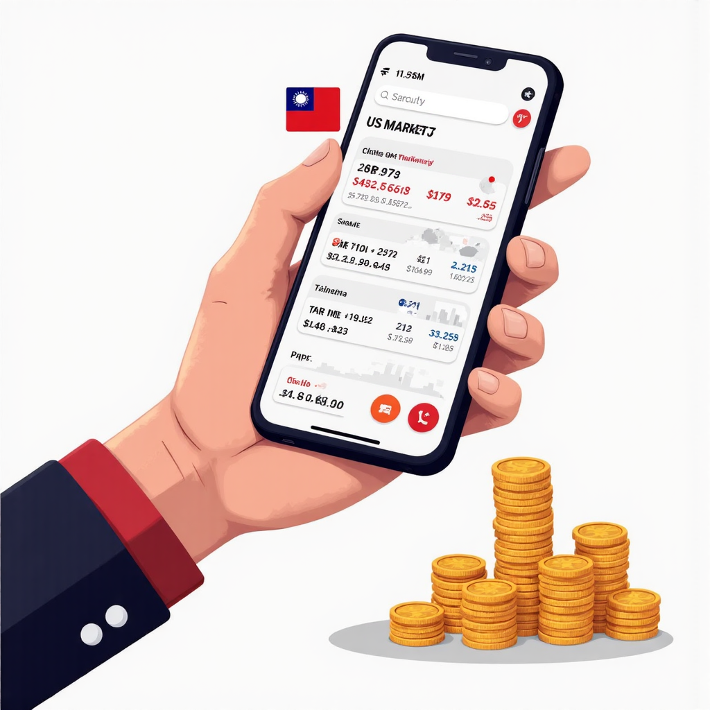 美股盤前交易即時報價像素藝術，手持手機顯示美國股市與台灣元素及投資象徵