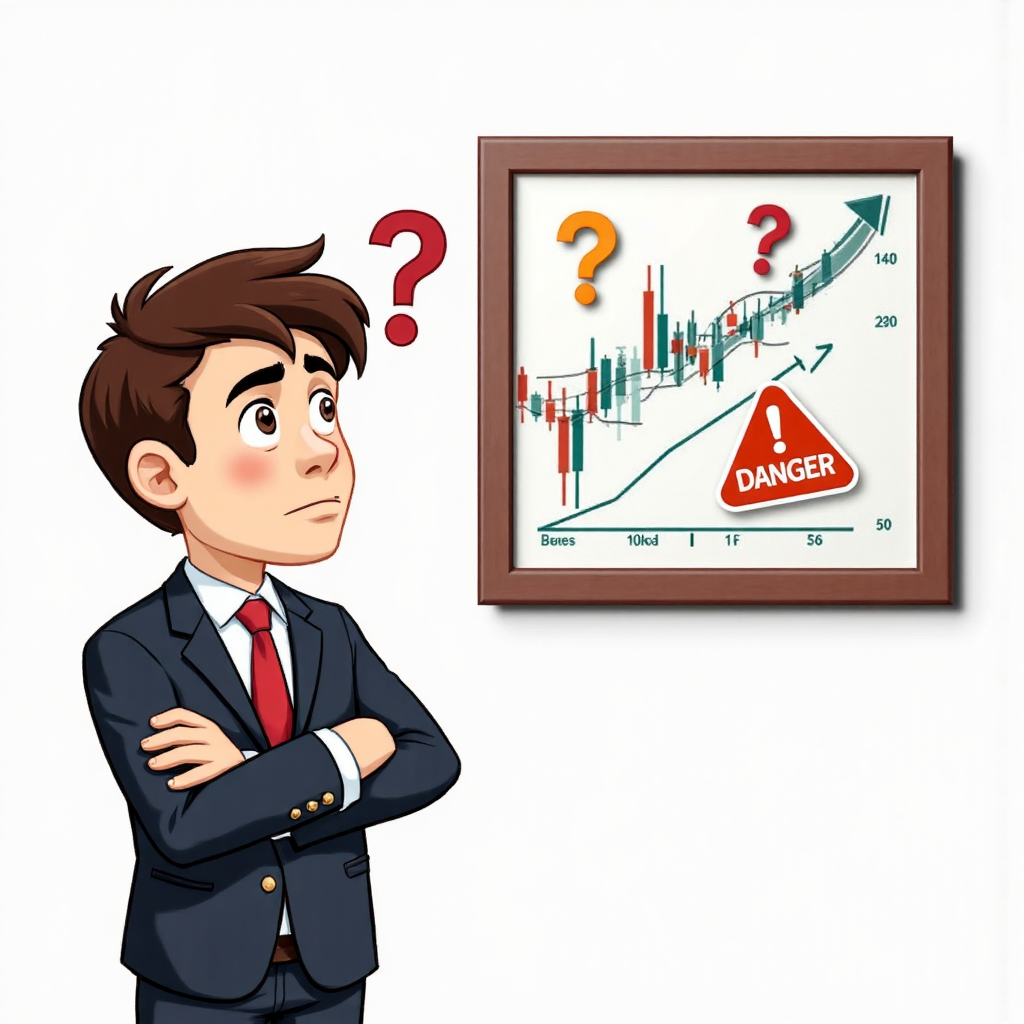 困惑的投資者注視複雜金融圖表，周圍有問號與危險符號，像素藝術風格插圖