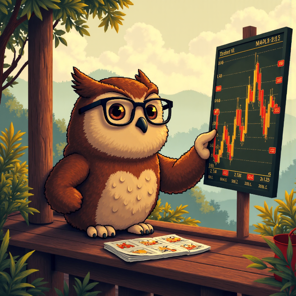 像素藝術風格的智慧老貓頭鷹戴眼鏡研究複雜黃金K線圖,疊加台灣景觀與柔和金光