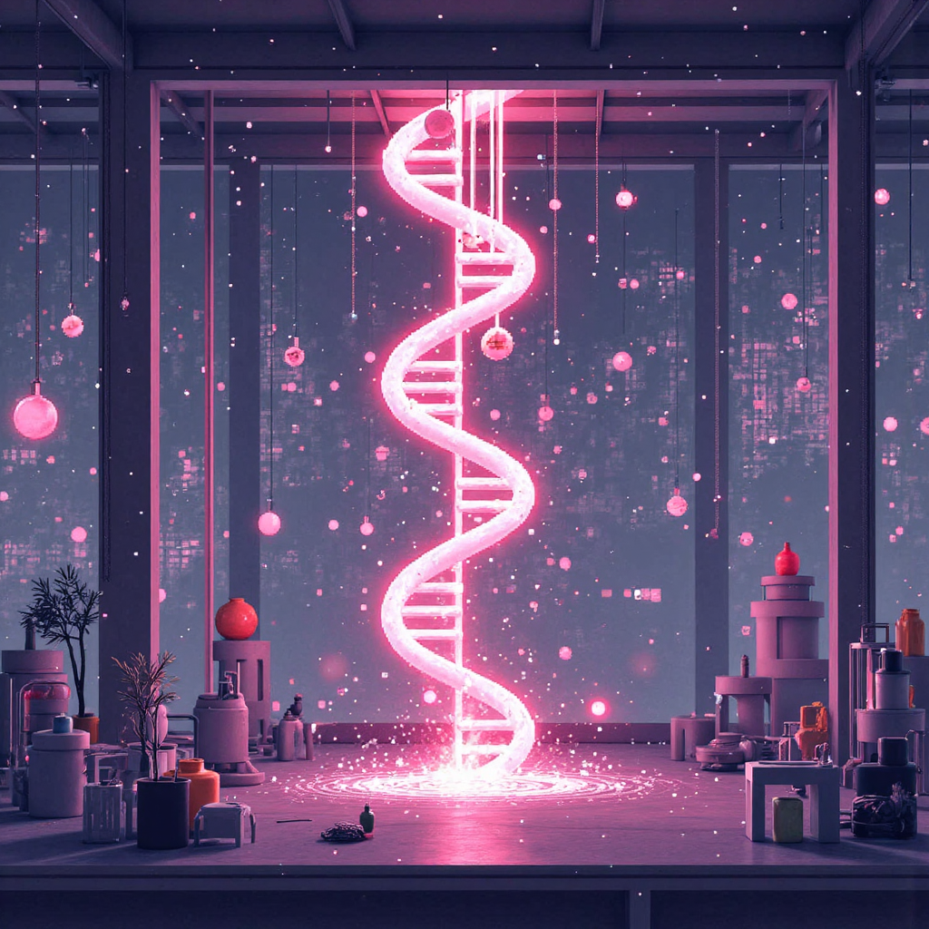 實驗室場景，發光 DNA 螺旋與抽象 AI 網絡交織，背景有微妙機器人臂，柔和粉彩調像素藝術