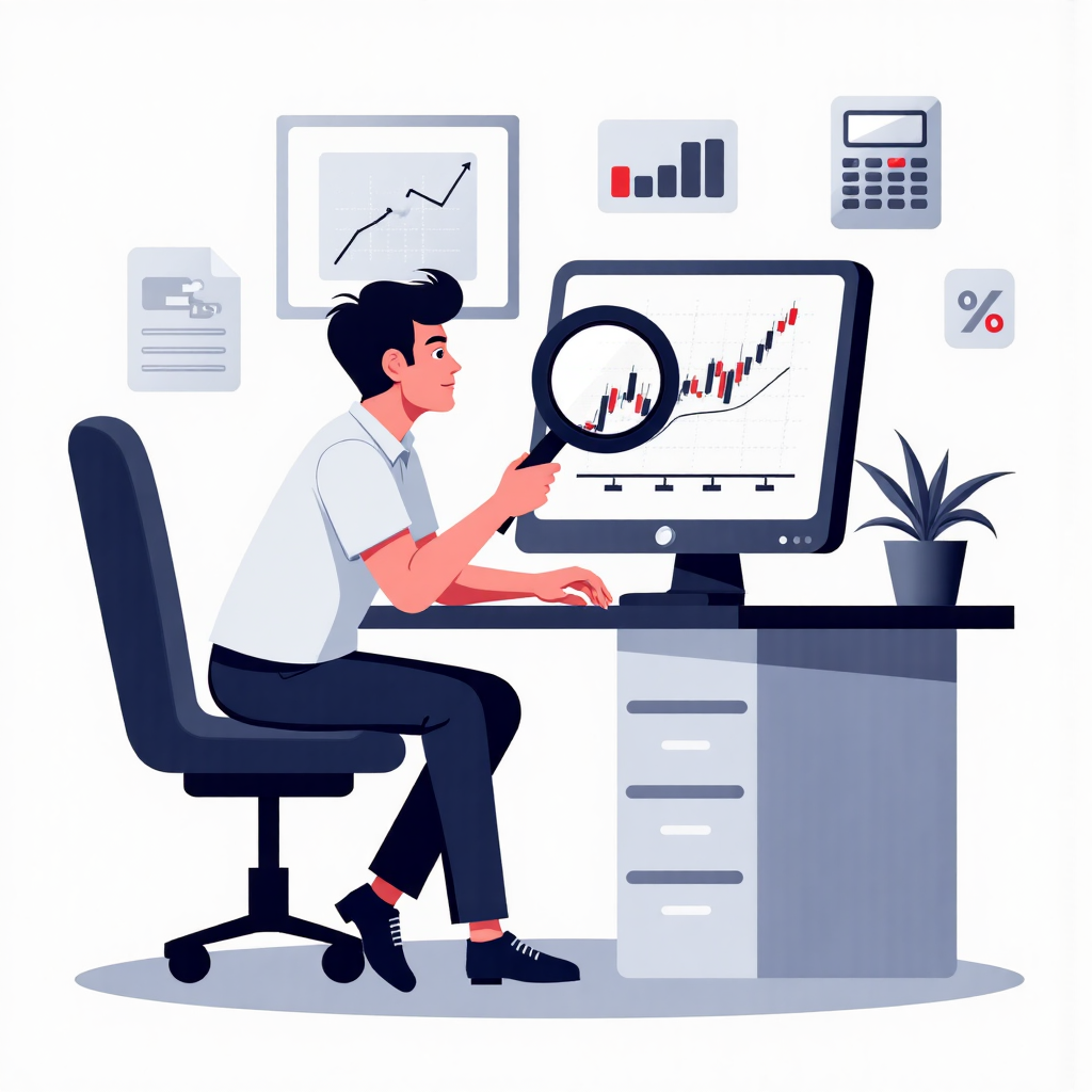 一位金融分析師手持放大鏡，檢視股票圖表與顯示百分比符號的計算器，像素藝術風格插圖