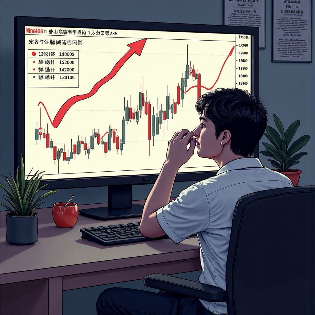 美股盤前交易圖表像素藝術，顯示上漲趨勢與台灣交易者專注觀察