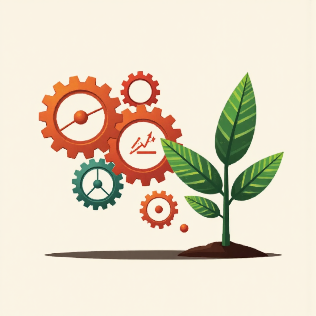 基本面分析與價值評估齒輪連結成長植物，象徵潛力股發掘