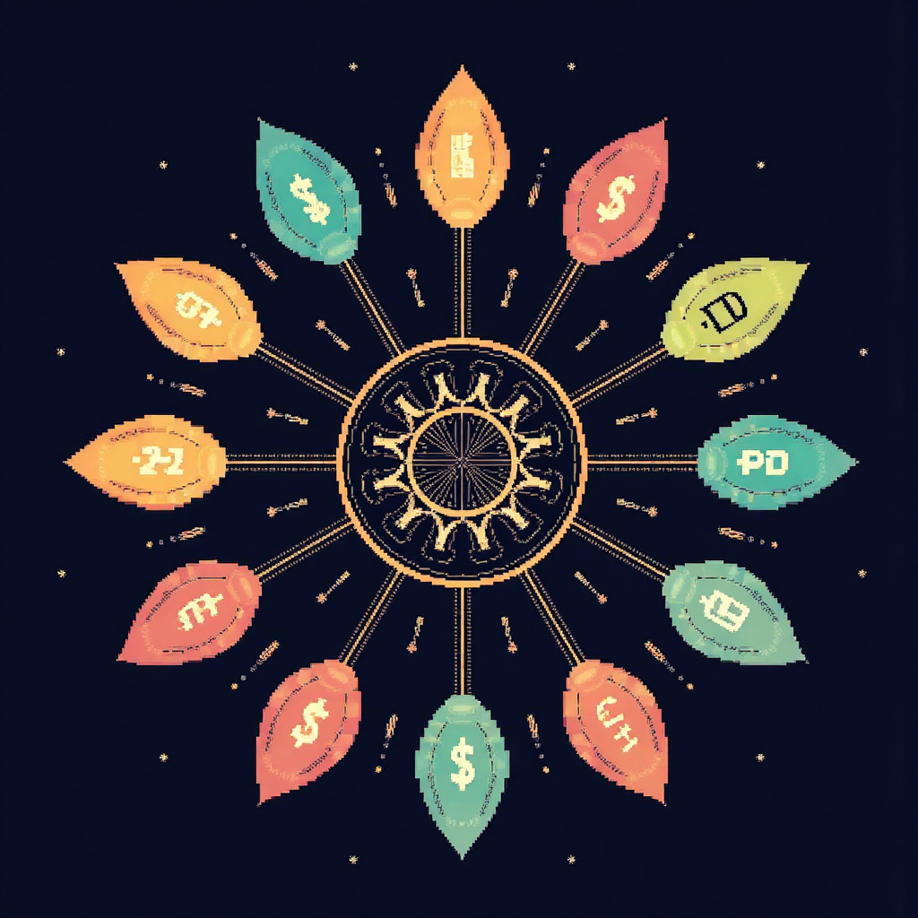 各種金融投資符號如股票與 ETF 排列成圓形圖案，帶有微妙金色光效，像素藝術風格插圖