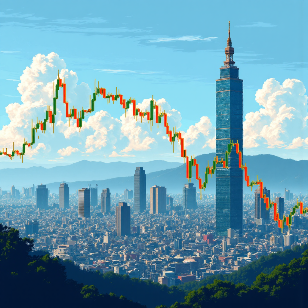 台北101全景視圖疊加動態黃金K線圖顯示上漲價格與強勁向上動能,晴朗藍天下