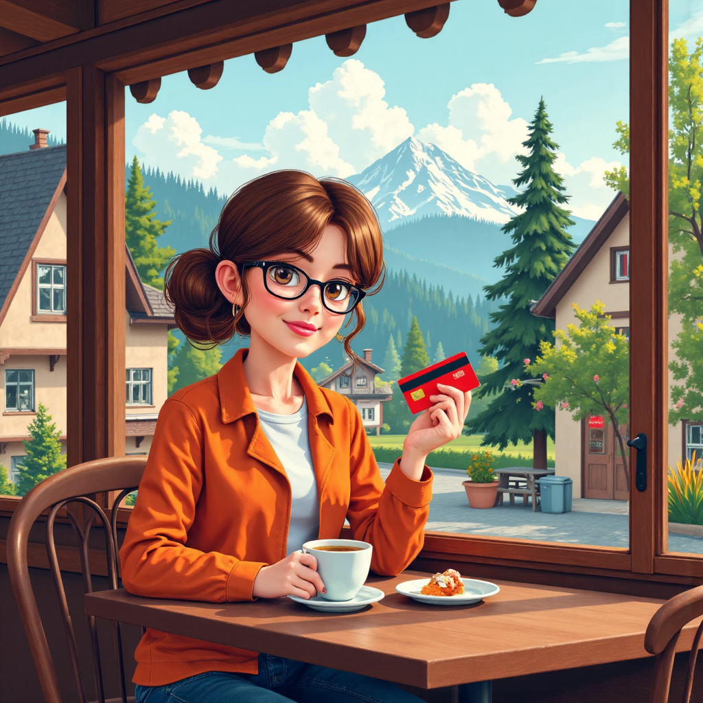 一位快樂的旅客在迷人瑞士咖啡館自信使用信用卡，周圍環繞溫暖色調的阿爾卑斯山景