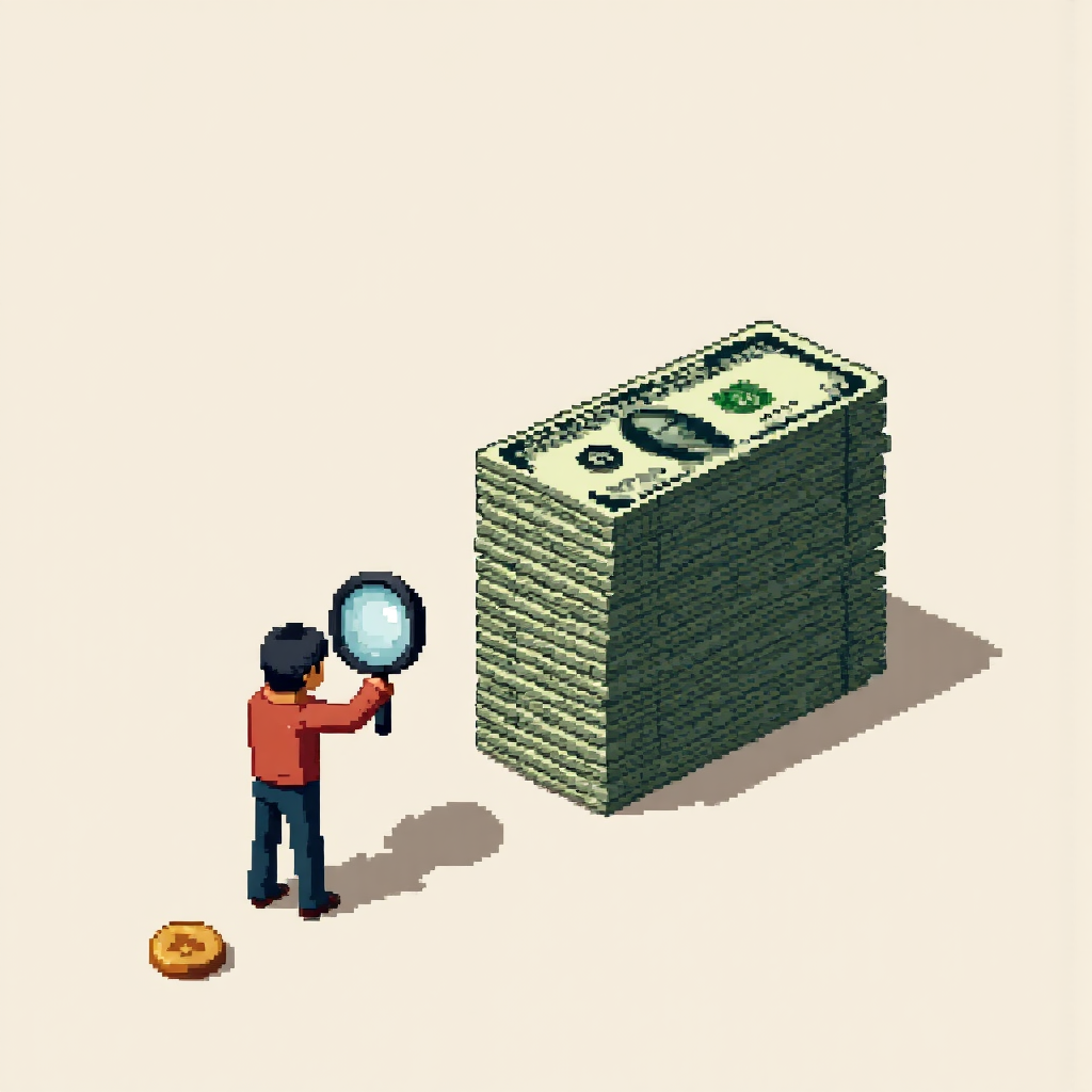 槓桿與風險的像素藝術概念圖，顯示小硬幣放大貨幣堆疊