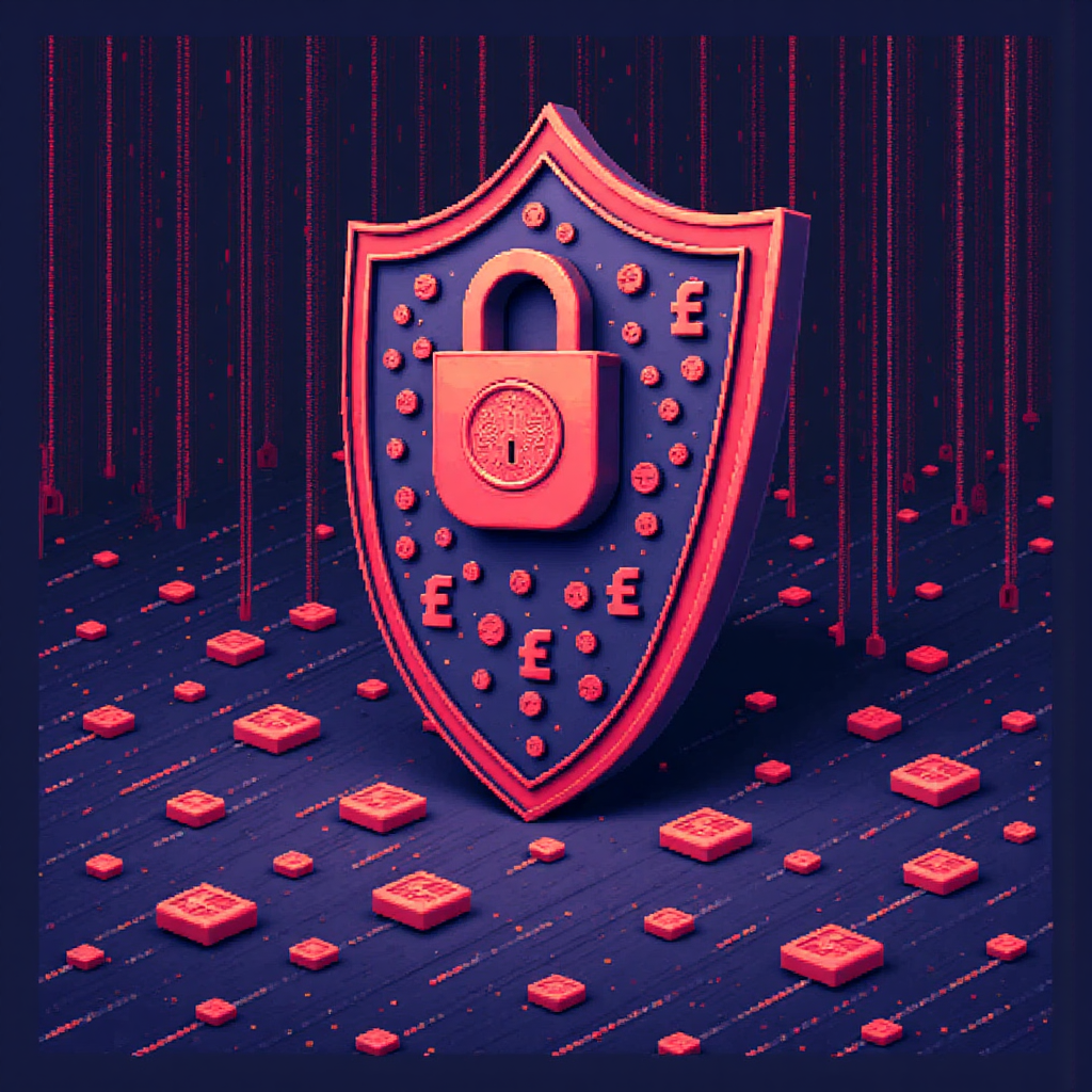 數位錢包受盾牌與鎖保護,防範詐騙與資料流威脅的安全象徵