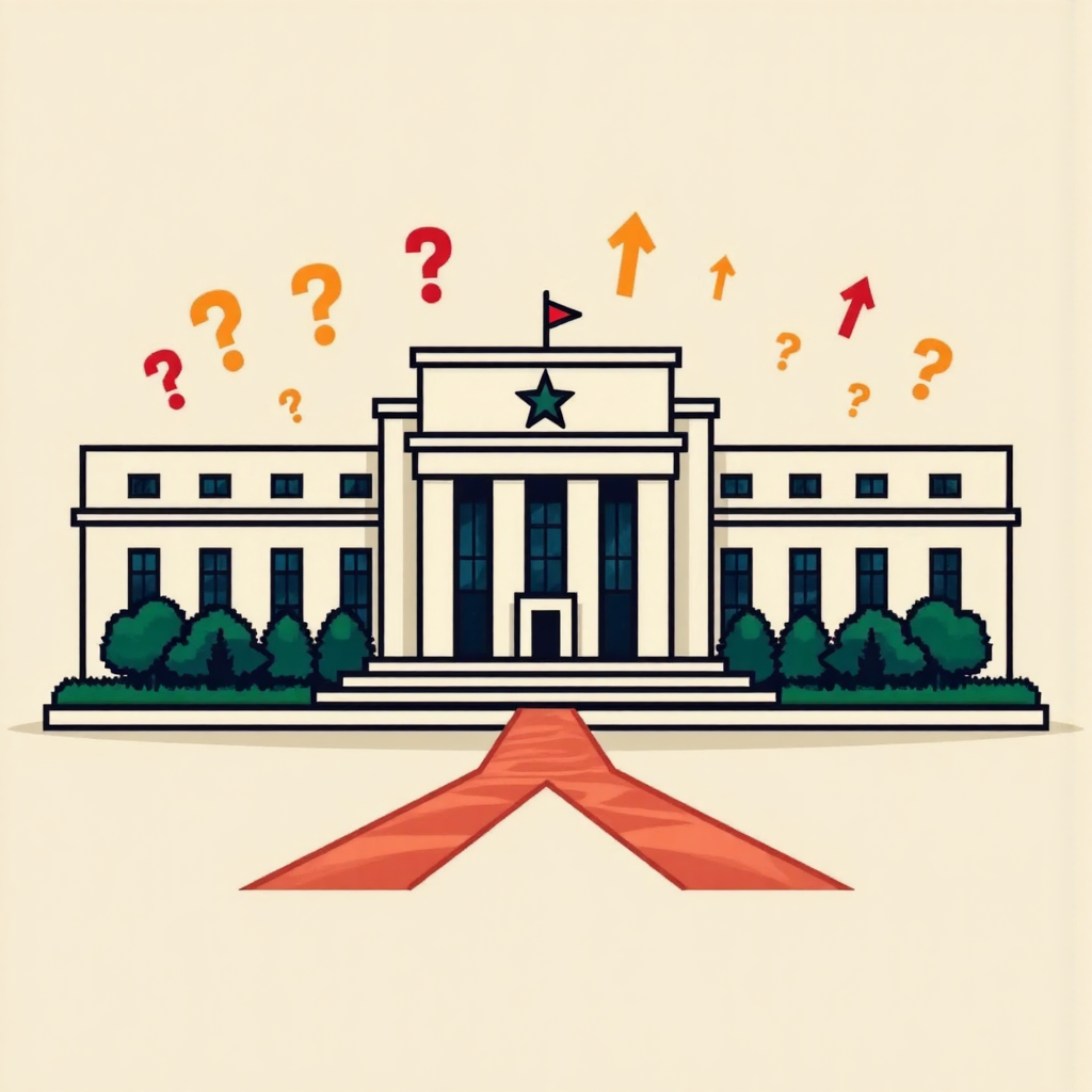 美國聯準會建築周圍環繞問號與上箭頭,象徵貨幣政策十字路口,像素藝術風格